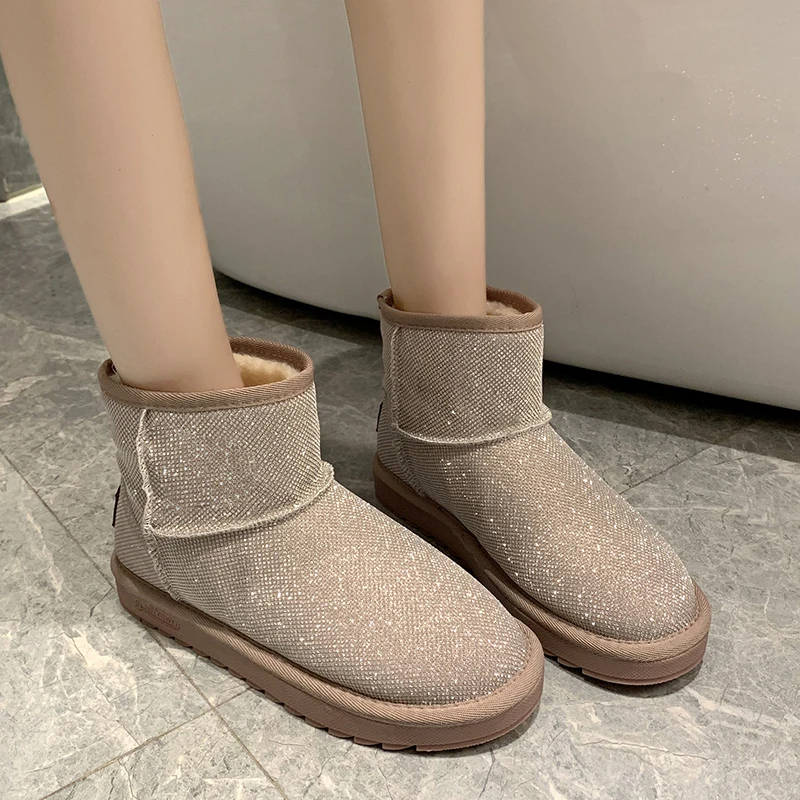 Женские зимние ботинки Блестящие женские новые теплые короткие мягкие плюшевые