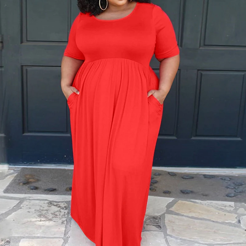 

Tossy Pleated Plus Size Women Dresses Summer 2021 Casual O-Neck Short Sleeve Solid Slim Long Dress Cute Sexy Clubwear Vestidos