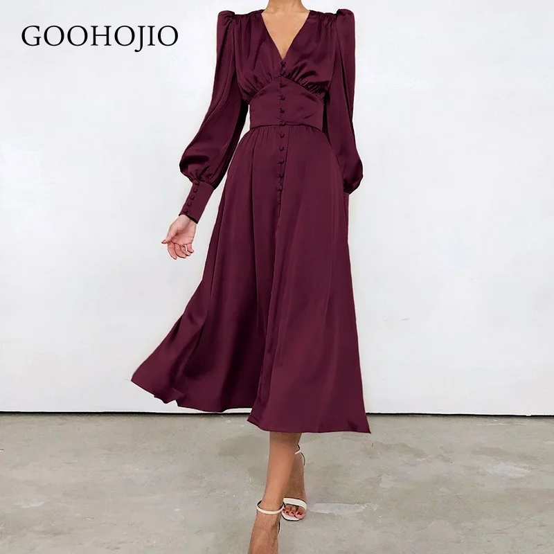 

GOOHOJIO 2021 New Spring Autumn Fashionable Women Dress Satin Temperament Dress for Women Lantern Sleeve Draw Back Dress Women
