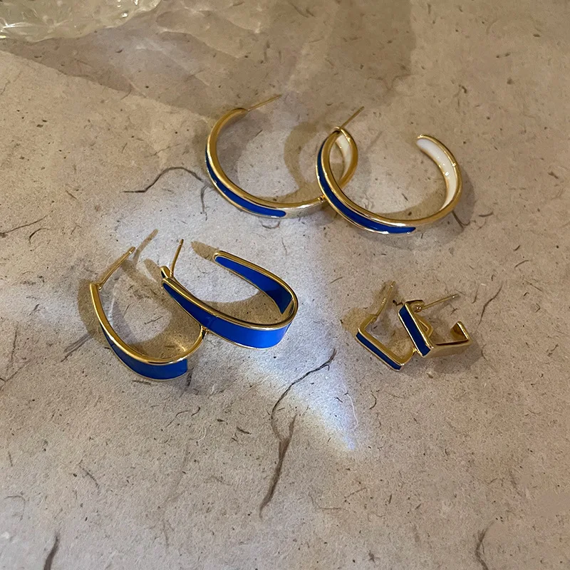 

Fashion New Blue Square U-shaped C-shaped Women's Temperament Fashion All-match Simple Design Earrings