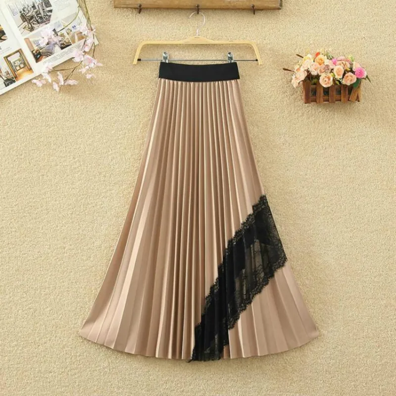 

TFETTERS High Waist Stitching Lace Pleated Skirt Womens 2021 Spring Autumn New Big Swing Elastic Waist Long Skirt Women Clothing