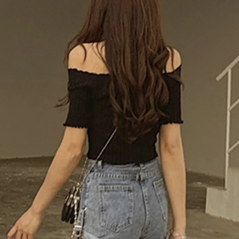 

Ladies T-Shirts Off The Shoulder Tricot Crop Tops Short Sleeve Stretchy Ruffles Hem Women'S T-Shirts Women Summer Harvest 2021