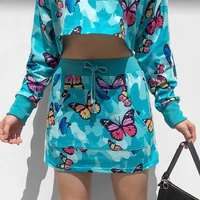casual sports y2k harajuku butterfly print womens suits with skirt sexy show waist crop top with high waist kawaii mini skirt