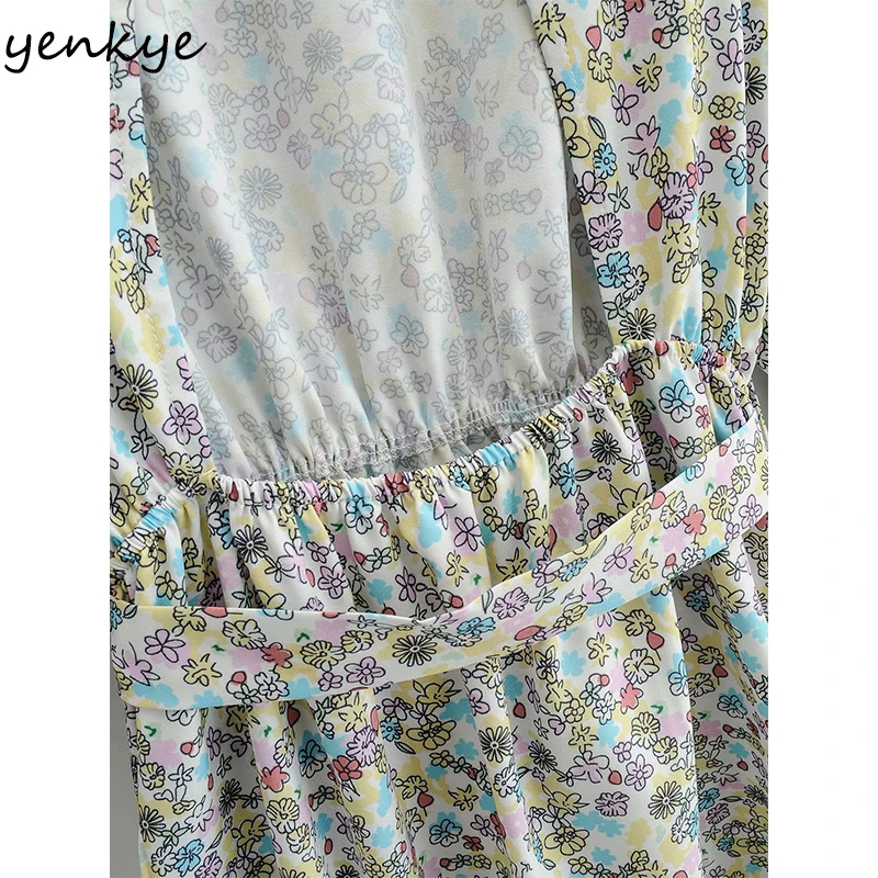 

YENKYE Sexy Backless Sweet Floral Print Dress Women O Neck Long Sleeve With Belt A-line Female Dress Plus Size Summer Vestido
