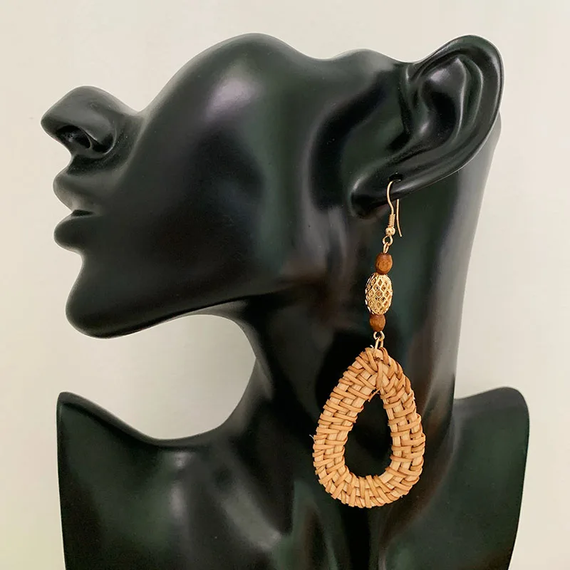 

NEW Bamboo Wooden Straw Weave Rattan Knit Vine Geometric Circle Triangle Long Drop Earrings for Women Girl Beach Jewelry