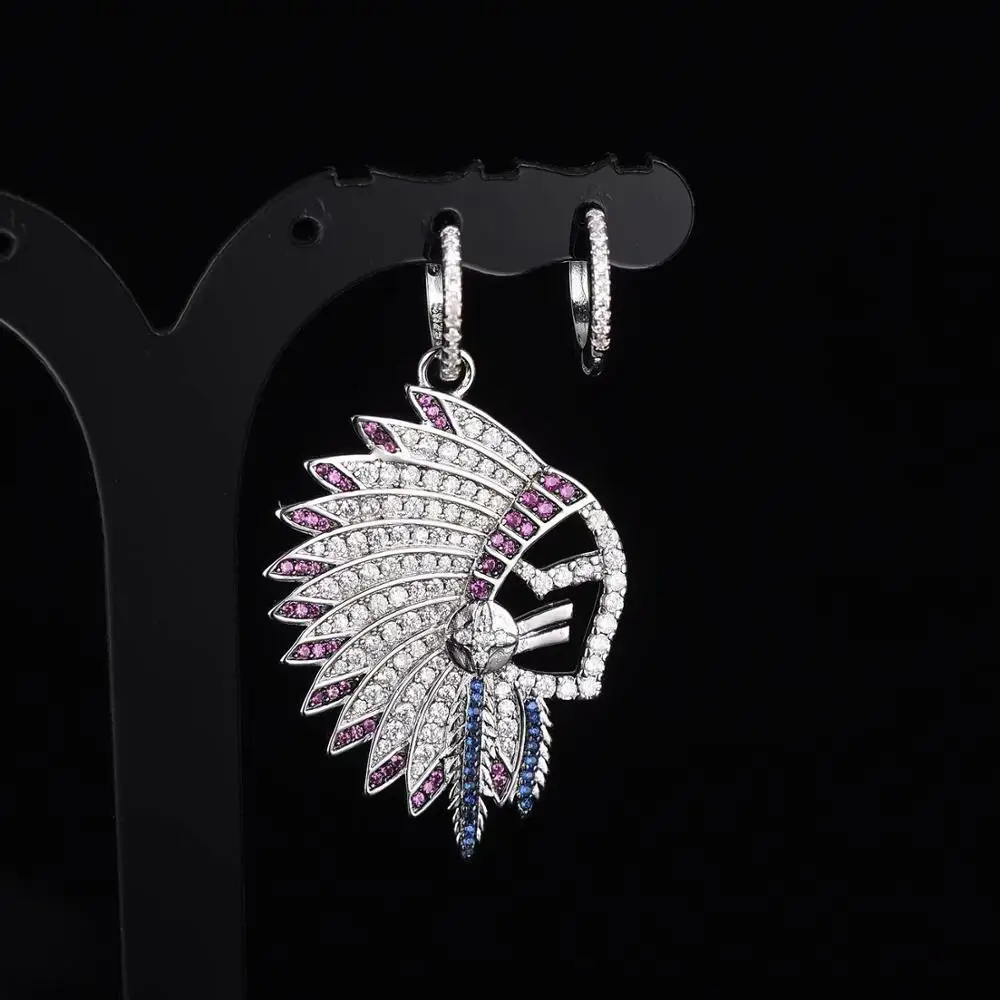 

925 Sterling Silver Asymmetric Retro Indian Chief Feather Earrings Fashion Zirconia Stones Earrings For Women Gift
