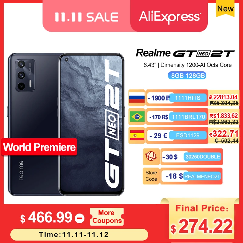 Смартфон Realme GT Neo 2T на Android восемь ядер экран 6 43 дюйма 120 Гц | Мобильные телефоны и