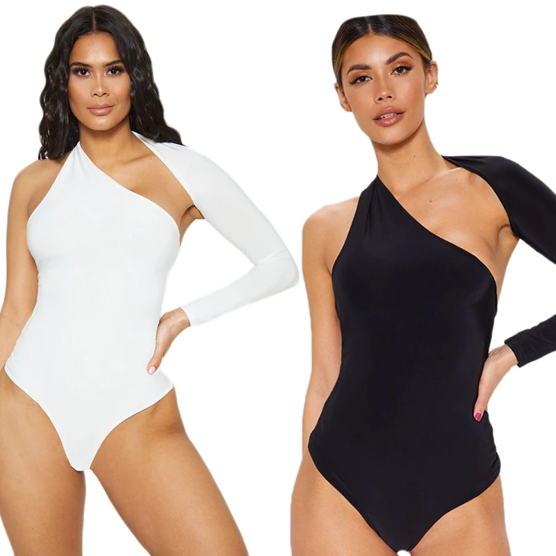 Женское облегающее боди с асимметричным воротником и одним плечом Осенний