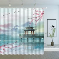 spring landscape shower curtains pink flower lake pavilion natural scenery chinese style bathroom decor waterproof cloth curtain