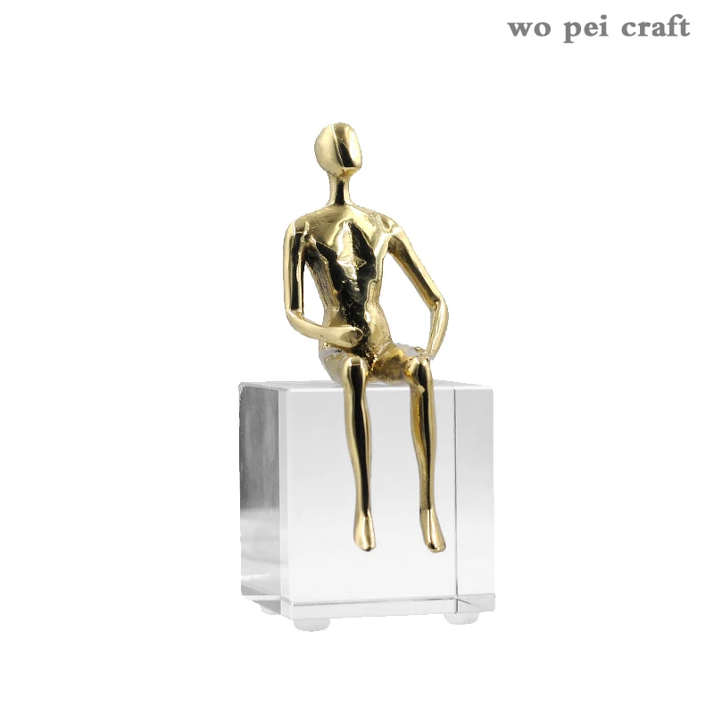 

Pure Copper Portrait Statue Simple Ornaments Golden Abstract Figures Statuette Desk Decor Pendant Crystal Base Home Decoration
