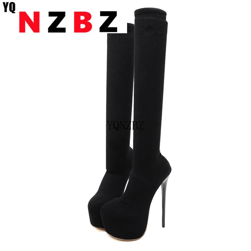 

Eilyken 17CM Platform Heels Boots Woman Over Knee Winter Boot Womens Black knitting Shoes Thigh High Socks Boots Lady Shoes