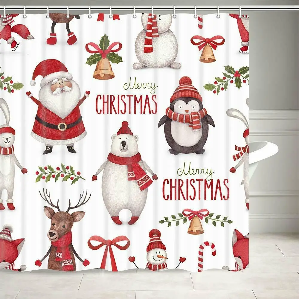 

Kids Christmas Bath Shower Curtain Santa Claus Bear Penguin Pine Cone Pattern