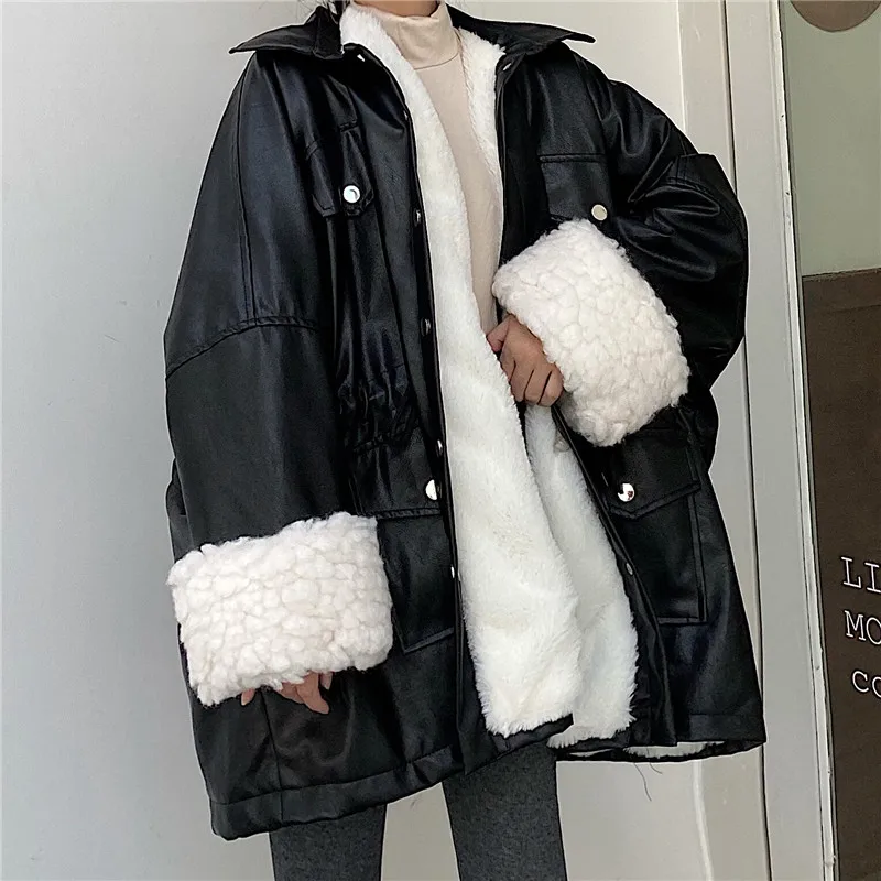 Зимнее пальто из искусственной шерсти Женское кожи мотоциклетная куртка-бомбер