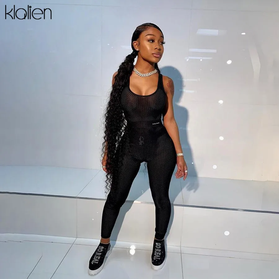 KLALIEN сетчатая ткань прозрачный без бретелек рукавов боди + леггинсы тонкие брюки