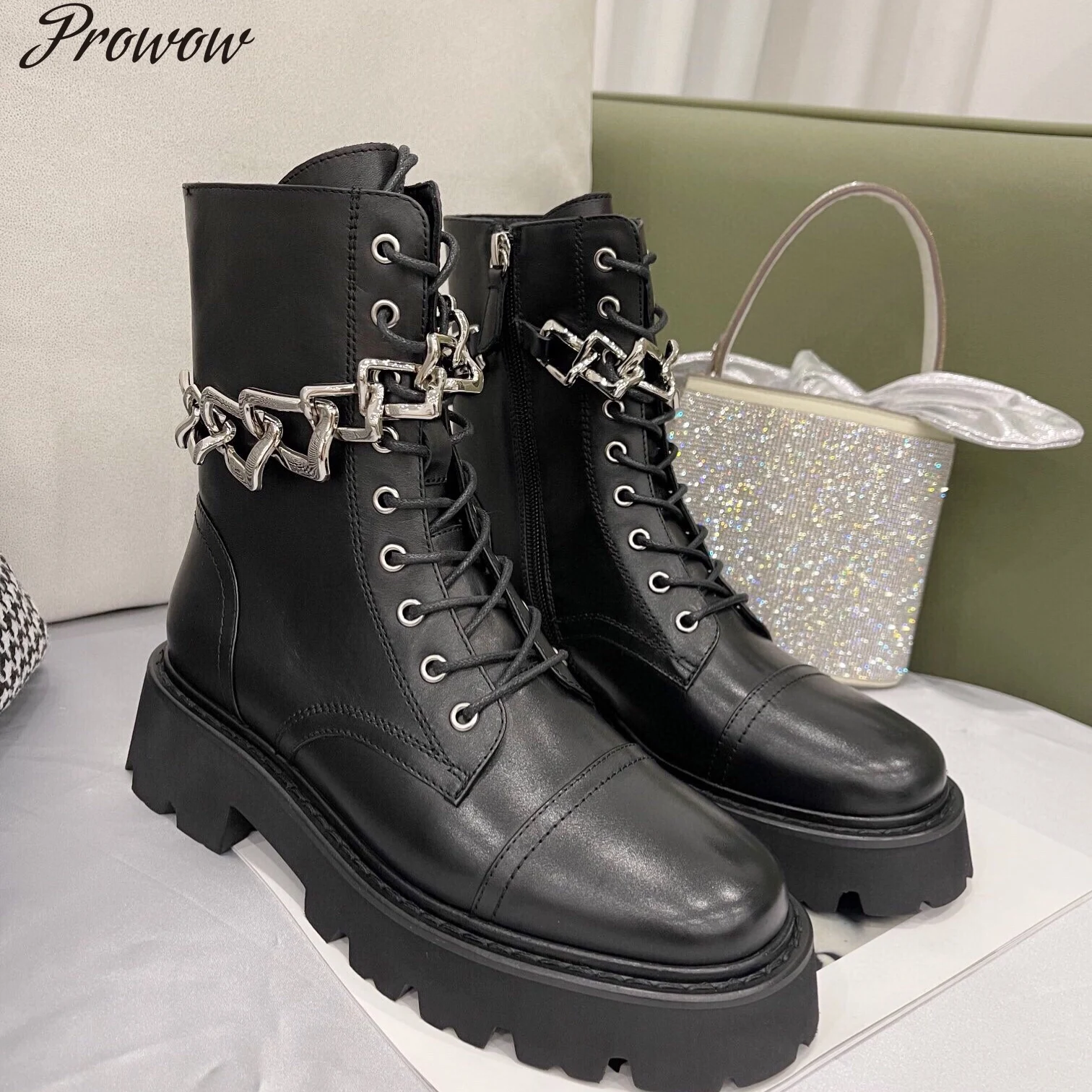

Prowow Feminina Leather Ankle Boots Platform Heels Boots Woman Metal Chain Motorcycle Boots Round-toe Lace-up Boots Woman