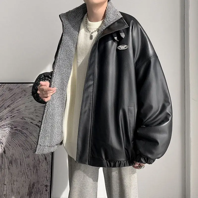 

jackets men Autumn winter plus velvet thick lamb velvet jacket loose two-sided cotton coat trend leather coat man clothes