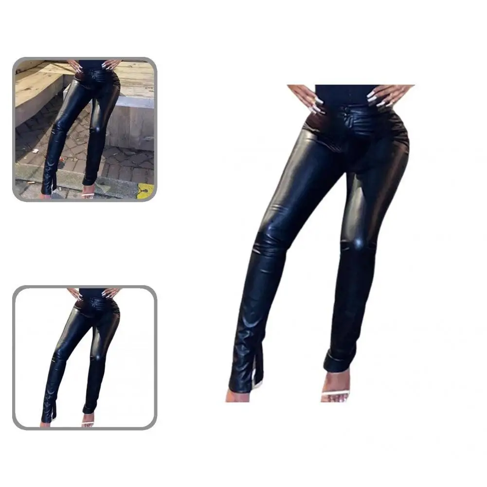 

Модные уличные штаны из искусственной кожи с высокой талией и разрезом на подоле, Гладкие Женские брюки, эластичные для повседневной носки