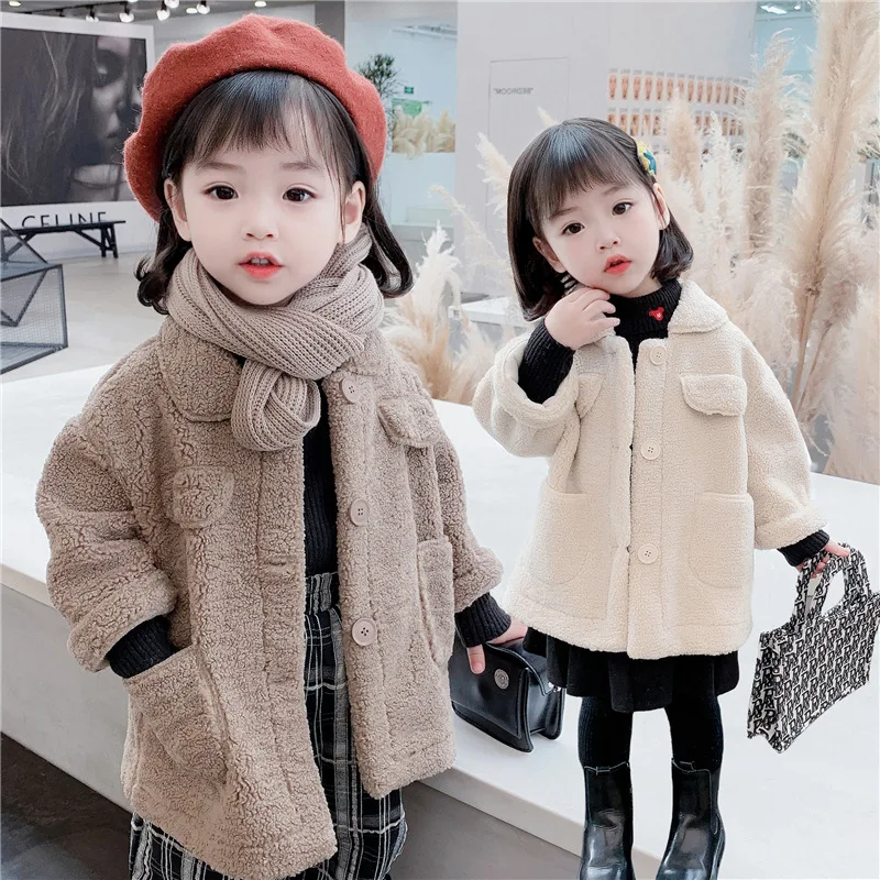 

Hot Sale Baby Girls Winter Spring Warm Jacket Fur Coat Thick Long Sleeve Beige Plus Velvet Formal Soft Party Kids Cute Overcoat