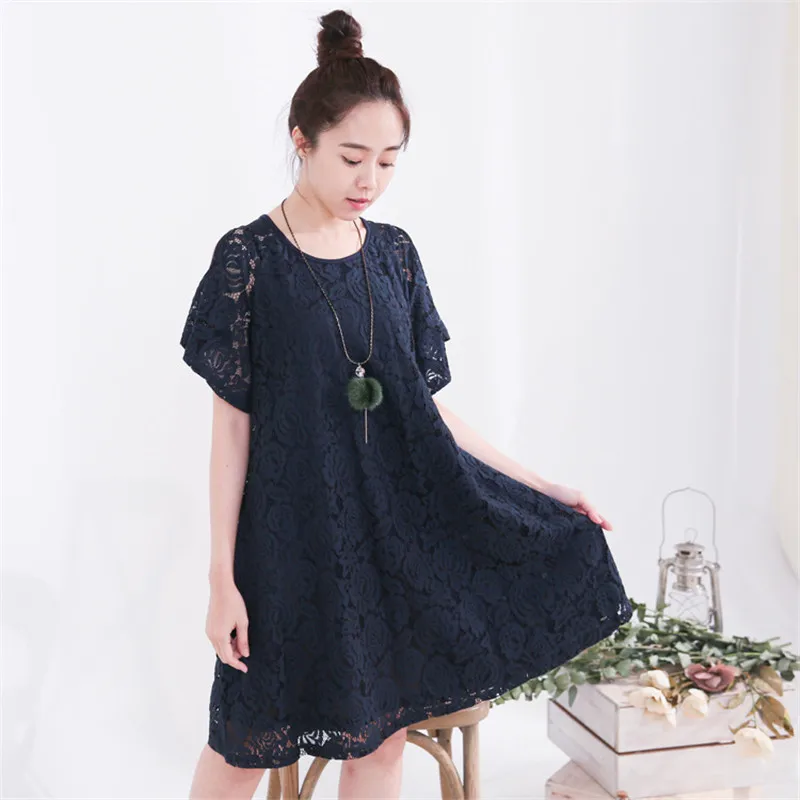 

Large Pretty Pink Lace Pregnant Dress Maternity Mom Breastfeeding Clothes Outgoing O-Neck Dress Mommy Summer Nursing Pure Color