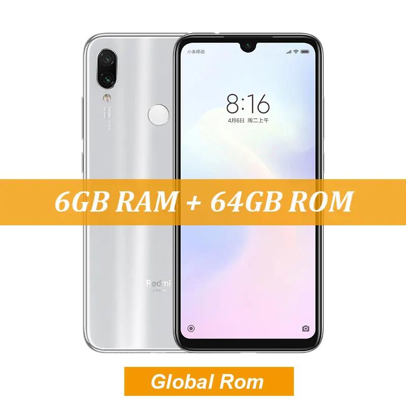 White Xiaomi Redmi Note 7 с глобальной прошивкой, 6 ГБ, 64 ГБ, 6,3 дюйма, FHD экран с водными каплями, камера 48 МП, Восьмиядерный мобильный телефон Snapdragon 660, QC 4,0 - Цвет: White
