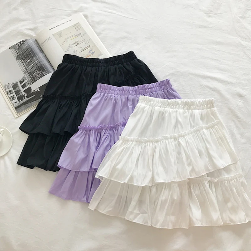 TIGENA Ruffles Cute Mini Skirt Women Fashion 2020 Summer Korean A Line Tired High Waist Pleated Female School White Purple | Женская
