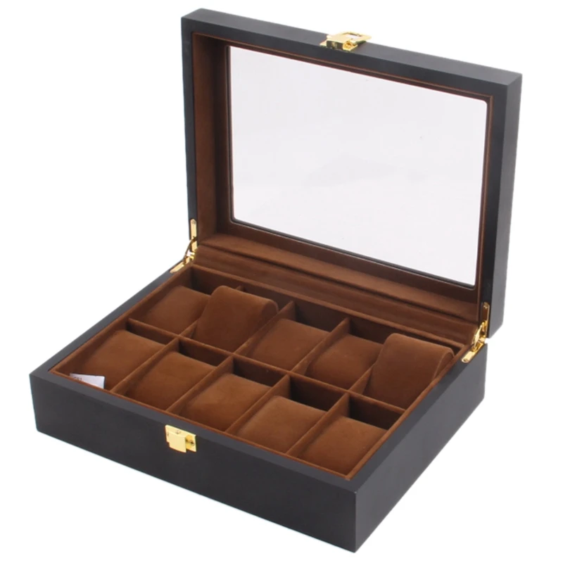 

Coffee Color Lining Wooden Watch Display Case, Glass Topped Wooden Watch Display Case Watch Jewelry Organizerr,12 Slots