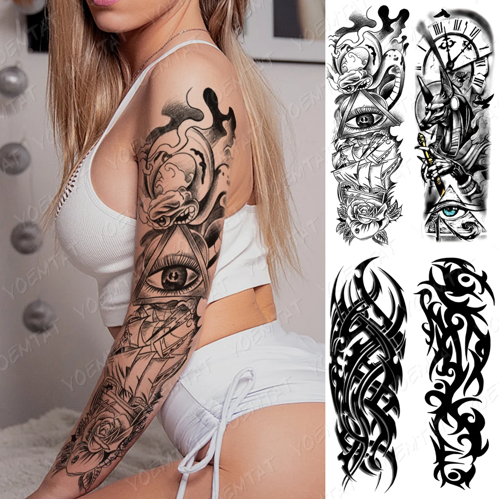 

Waterproof Temporary Large Arm Sleeve Tattoo Sticker Clock Eye Sail Rose Flame Totem Flash Tattoos Women Body Art Fake Tatto Man