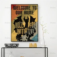 welcome to our home roll for initiative retro poster dungeon dragons dice games wall art prints home decor canvas floating frame