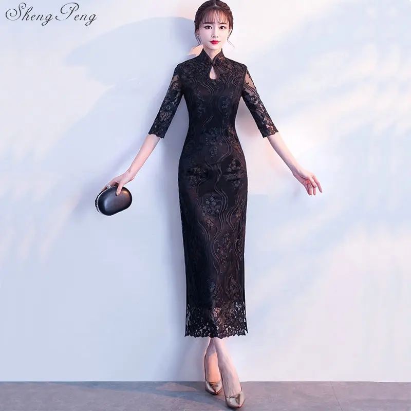 Модное черное элегантное платье Ципао женские кружевные платья китайские