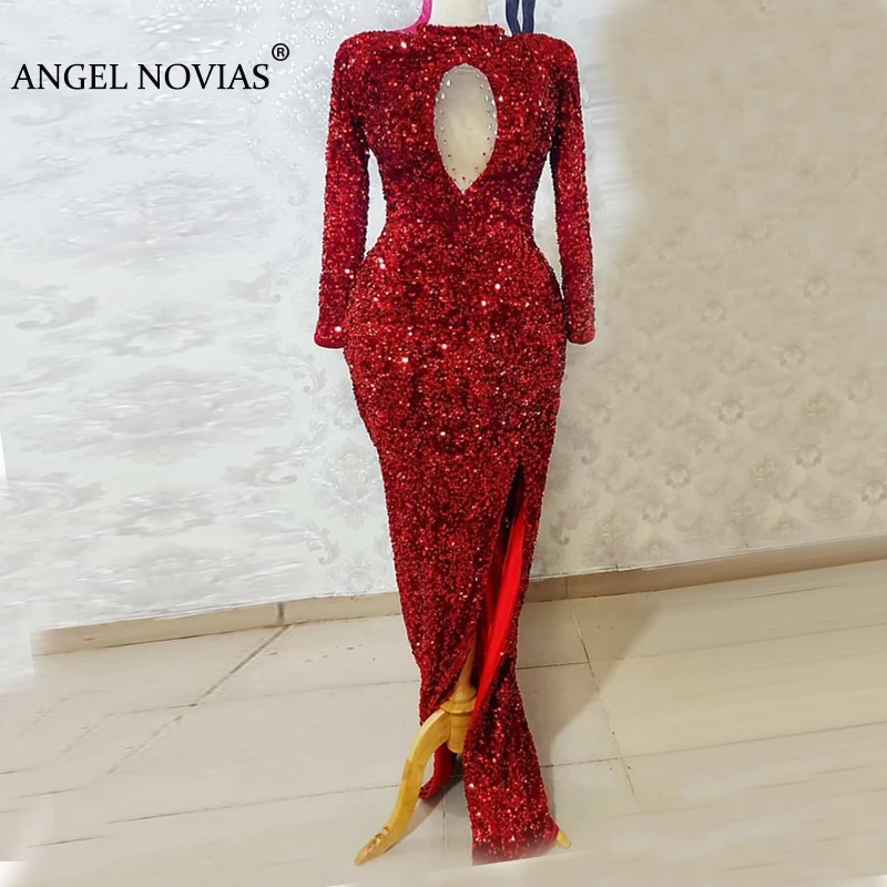 

Angel Novias Long Mermaid Burgundy High Neck Evening Dress 2020 with Slit Dubai Formal Prom Gowns Robe De Soiree