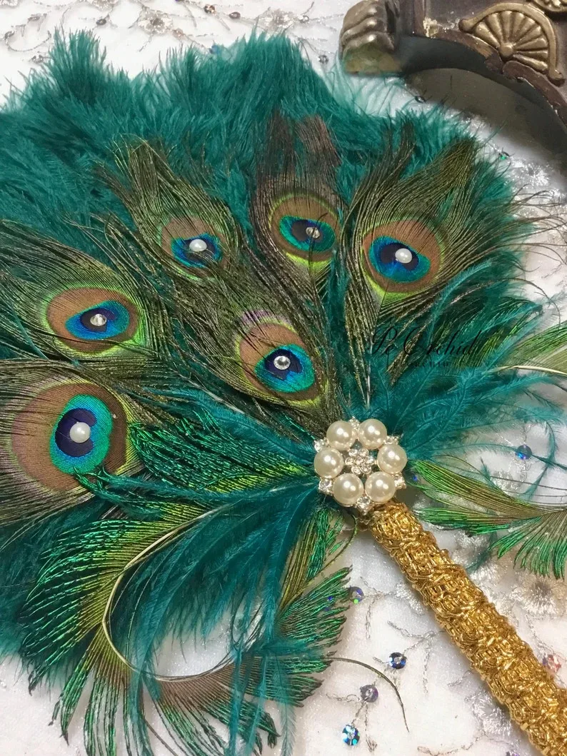 Abanico de plumas de avestruz verde PEORCHID para novia, ramo de pavo real para dama de honor, regalo para el gran Gatsby de los 1902, abanico de mano para ramo de boda