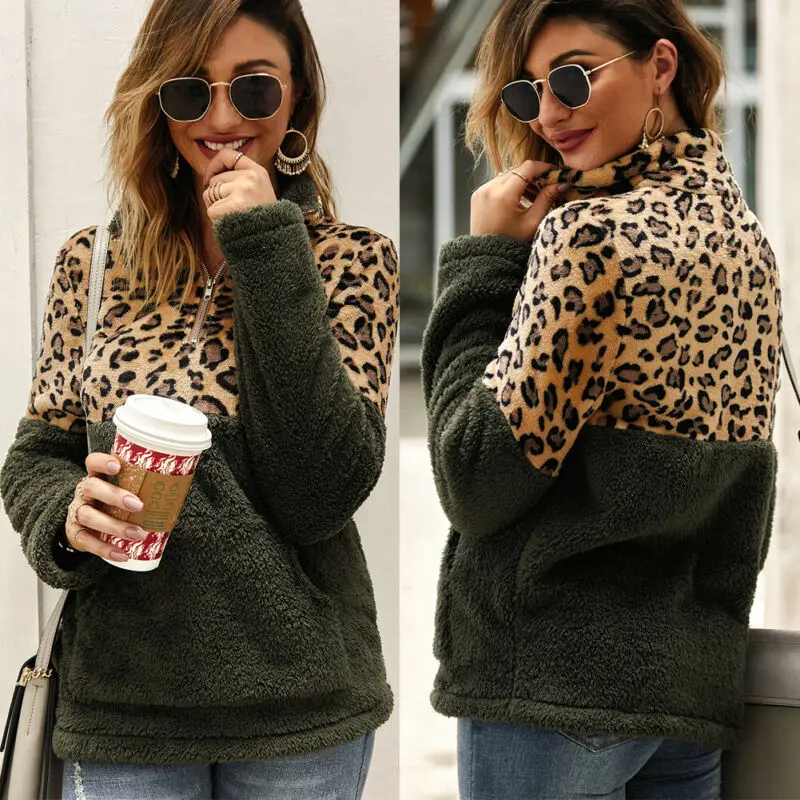 

Women Winter Warm Fleece Sweater Leopard Patchwork Fluffy Thick Zipper Pullovers Top 2020 New Fashion Coat Outwear