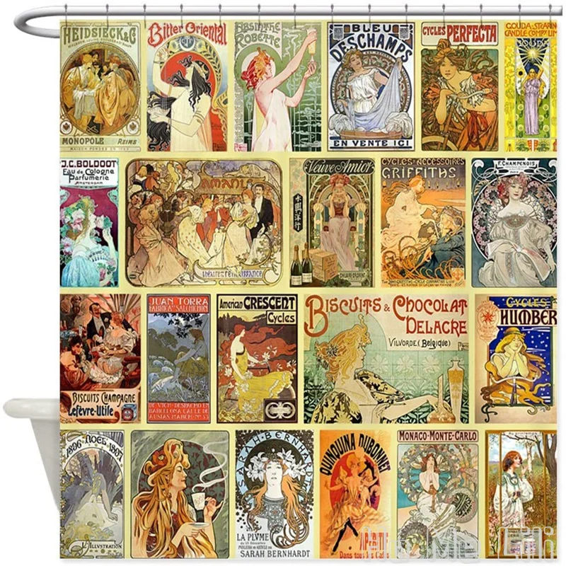 

Art Nouveau Advertisements Collage Bathroom Decorative Waterproof Polyester Fabric Shower Curtain By Ho Me Lili