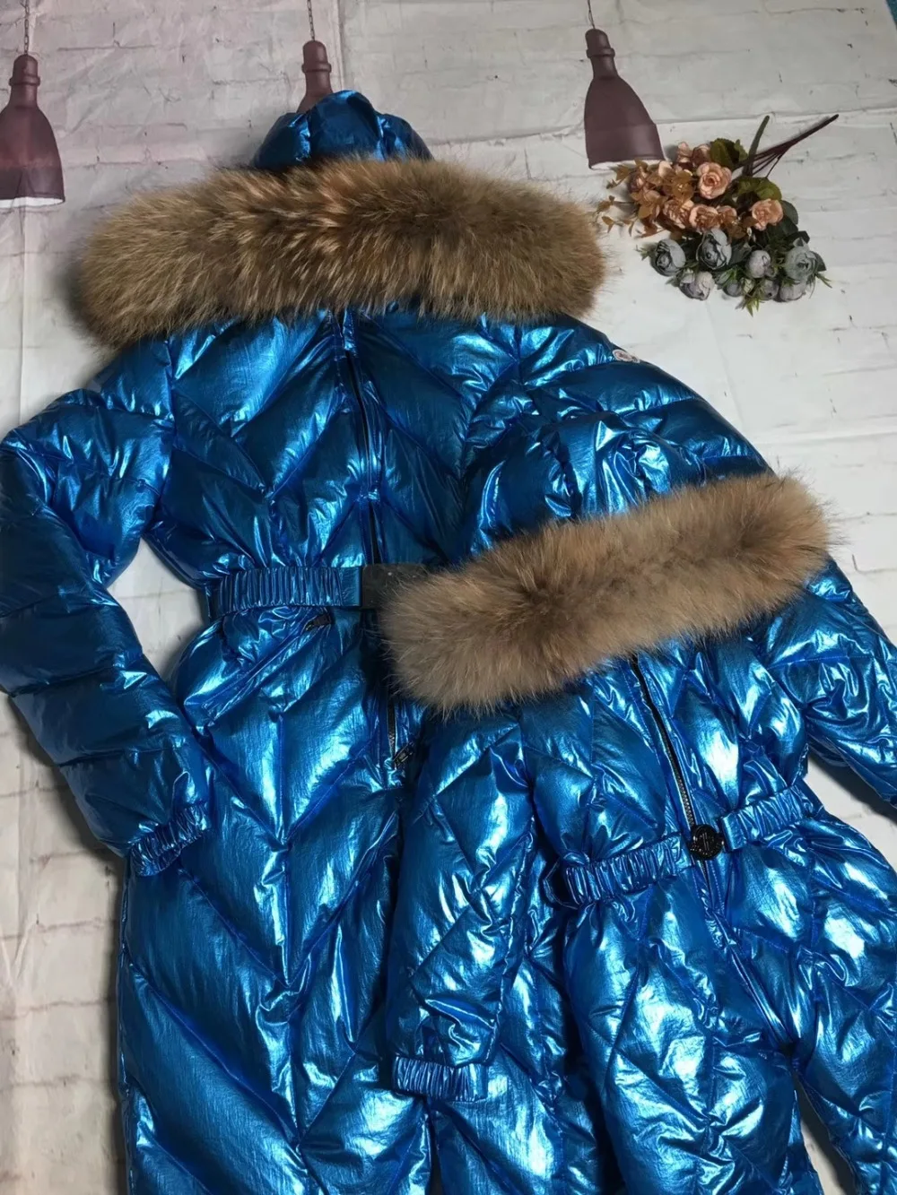 Подгонянный супер Настоящий мех зимний комбинезон для женщин белый утиный пух куртки Женский лыжный костюм пуховик верхняя одежда