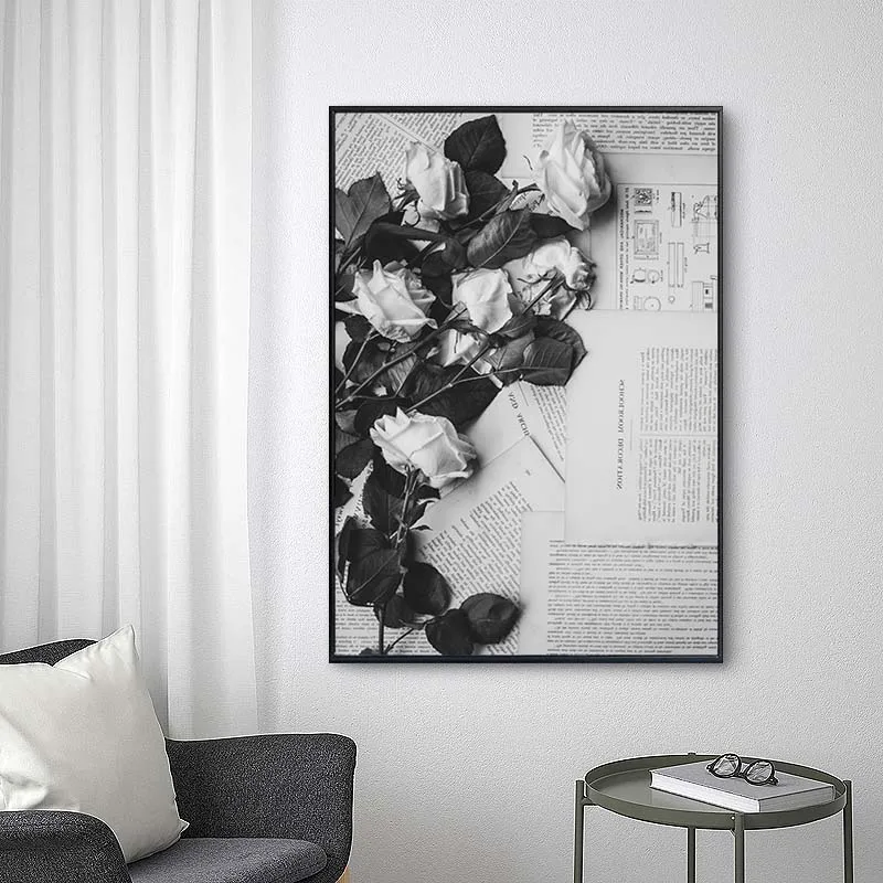 

Modern Fashion Flower Woman Canvas Painting Black White Rose Newspaper Quote Wall Art Print Poster for Living Room Home Decor