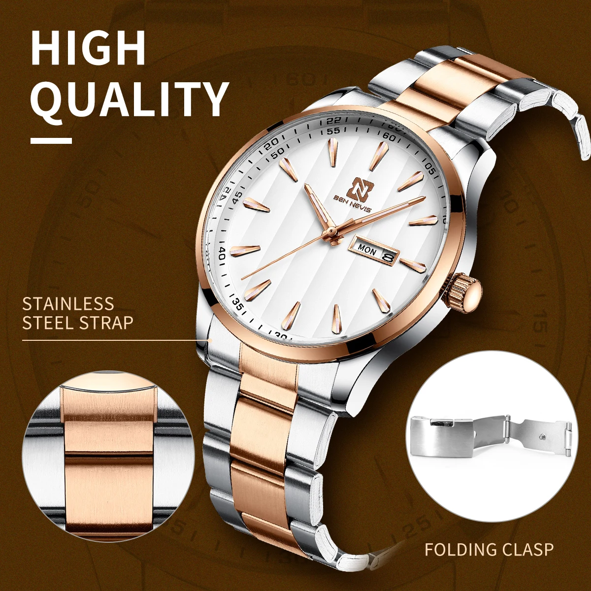 

BEN NEVIS Fashion Casual Waterproof Watches Top Brand Stainless Steel Watch men Week Display Luminous Men's watches reloj hombre