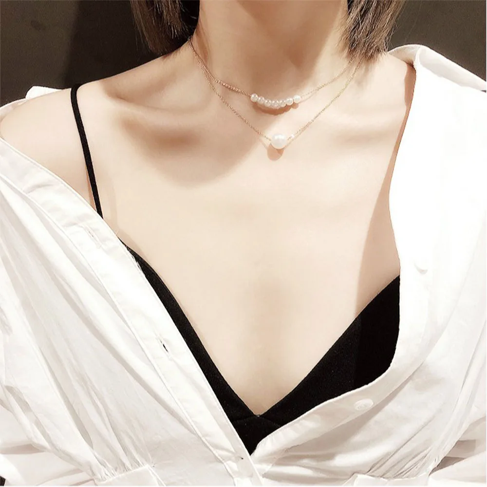 Простое и милое Двухслойное ожерелье на цепочке до ключиц с имитацией жемчуга