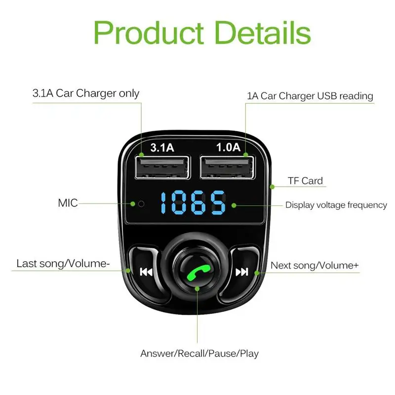 FM-трансмиттер Bluetooth автомобильный комплект mp3-плеер светодиодный двойной USB 3 1 А