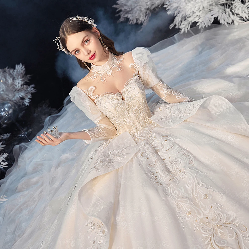 

Новое поступление, кружевное великолепное бальное платье GY с рукавом три четверти, блестящим жемчугом и кристаллами, свадебные платья