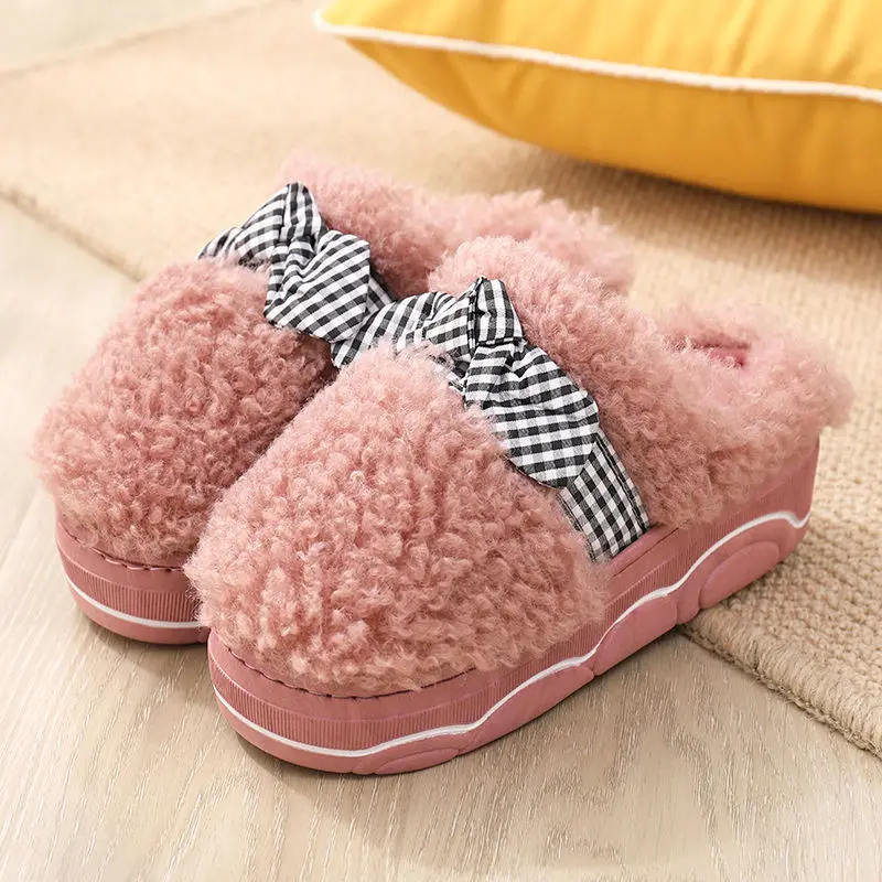 

Winter Women Home Slippers Hairy Warm Soft Fluffy Plush Platform Slides Bowknot Floor Shoes Ladies Memory Foam Cotton Slippers