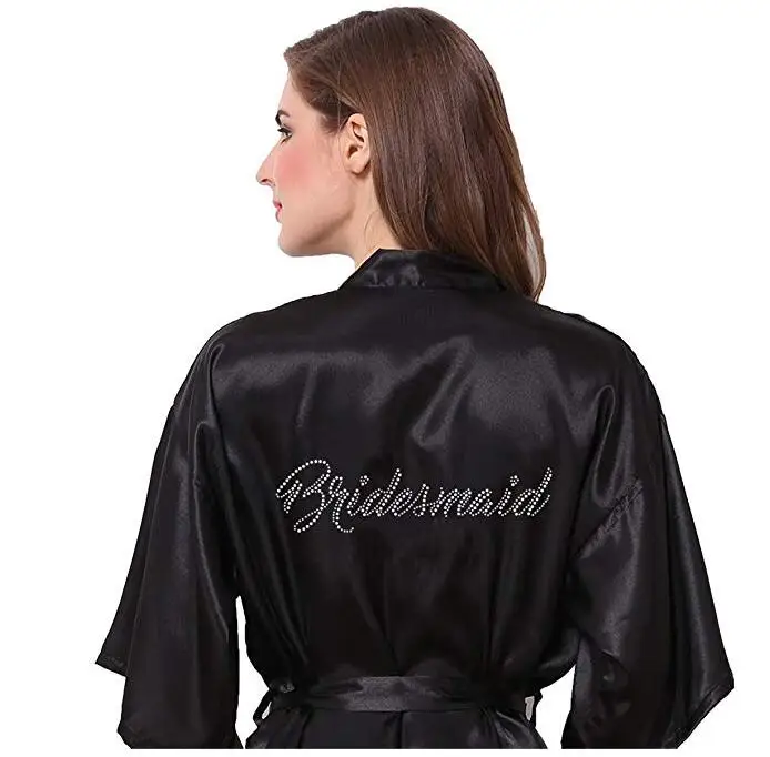 Женский Атласный халат черный атласный стразы короткие свадебные вечерние