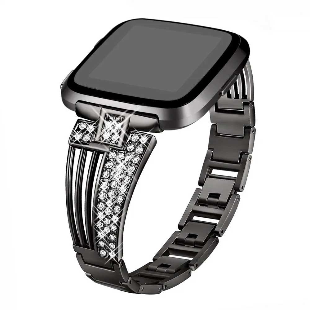 Black Для Fitbit Versa, 2 ремешка, металлический ремешок для наручных часов, сменный Браслет, ремень для Fitbit Versa/Versa Lite, блестящие стразы, ремешок для часов - Цвет: Black