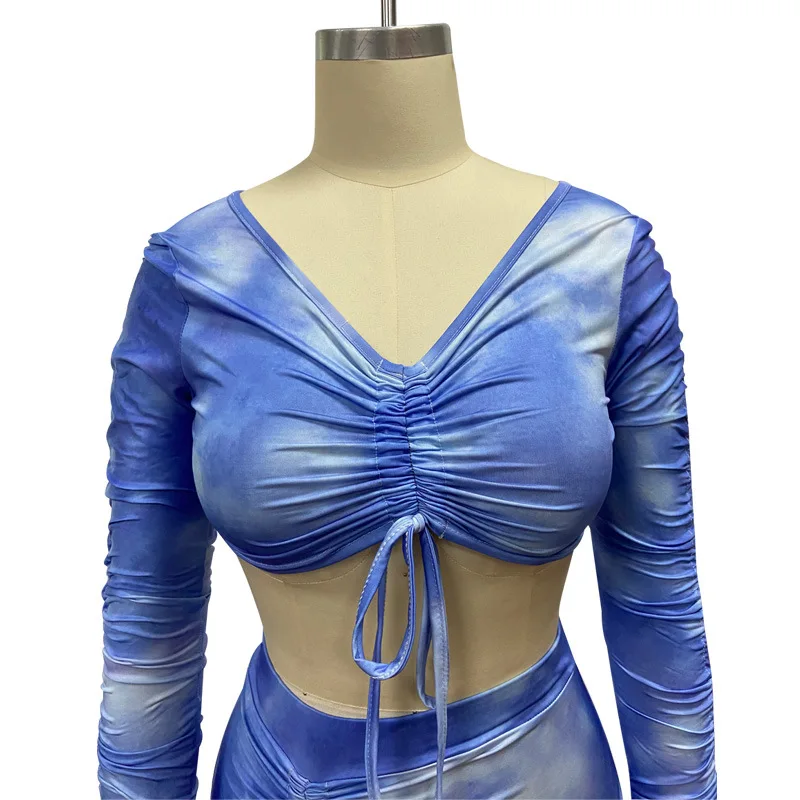 

Tie Dye Print Drawstring Sexy Co-Ord Sets Women Long Sleeve Ruched Sexy 2 Piece Outfits Club Yellow L