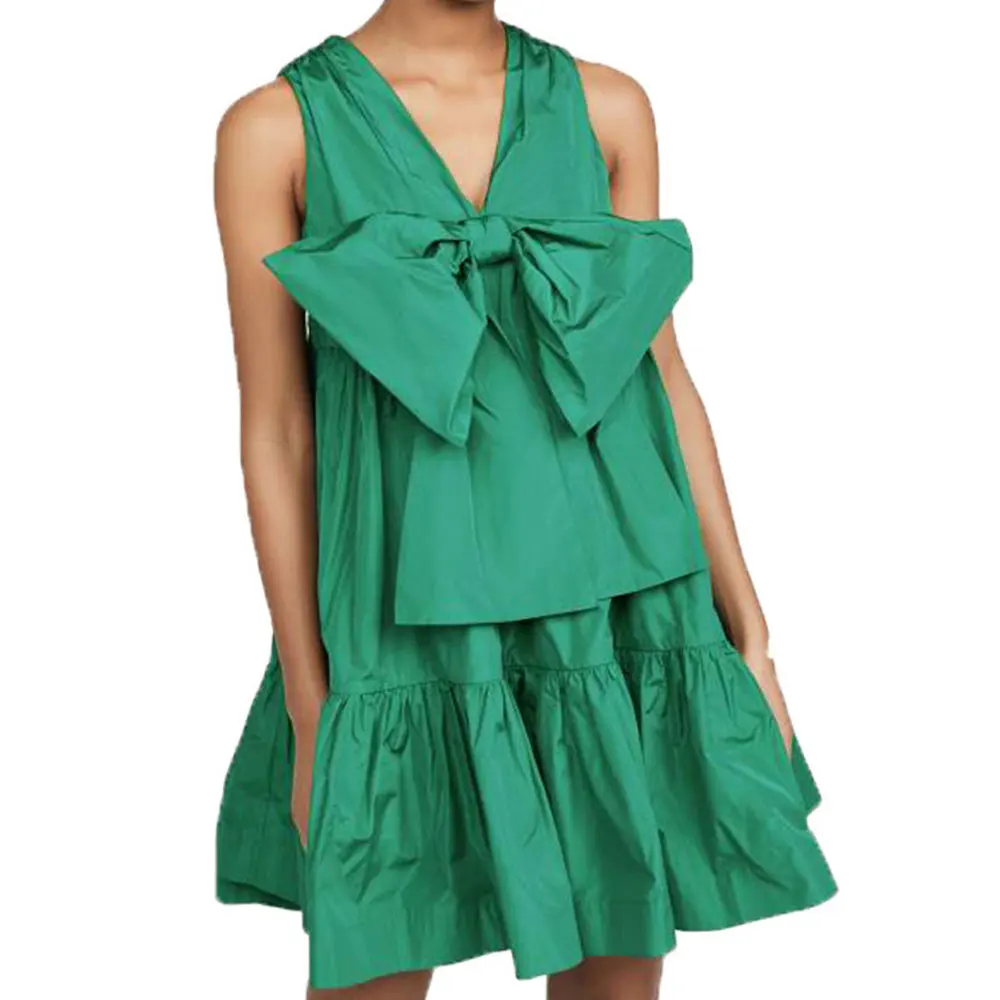 

Gentillove 2021 Women Summer Pleated Sleeveless Ball Gown Patchwork Sexy Bow V-Neck Sweet Beach Style Solid Kawaii Mini Dress