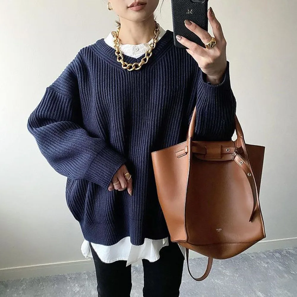 

2021 Повседневный осенний простой женский свитер 2021, Модный осенне-зимний пуловер с длинным рукавом и V-образным вырезом, женские свитера, при...