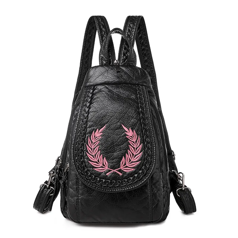Pink Новые 3 в 1 Для женщин рюкзак Дамская мода вышивка цветы нагрудная сумка мягкая потертая кожа светильник маленькая дорожная сумка Mochila Mujer - Color: Pink
