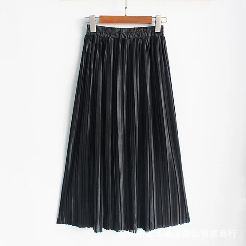 CR Metallic Luster Elasticity Pleated Skirt Woman Europen High Street Style A-Line Mid-Calf Bottoms Party Date | Женская одежда