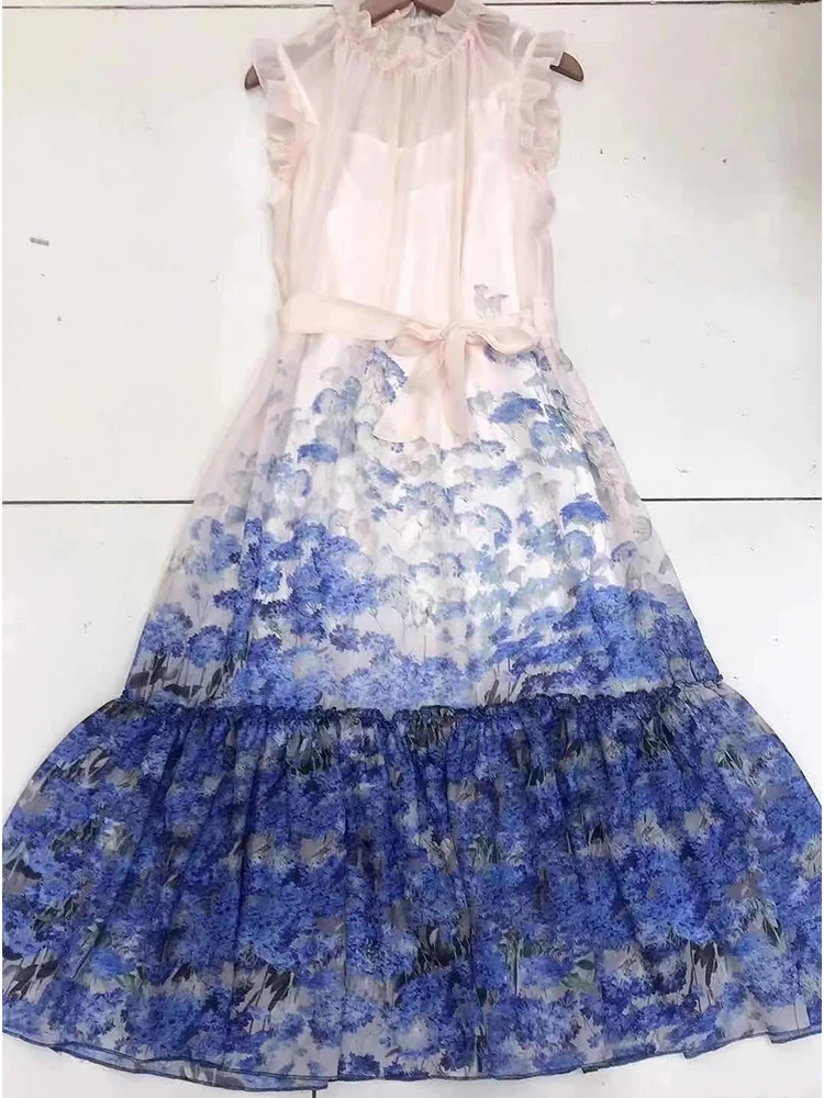 

Retro print Frill round neck pullover Lace-up waist sleeveless vest dress Ladies summer new style Gathering big hem Puff skirt
