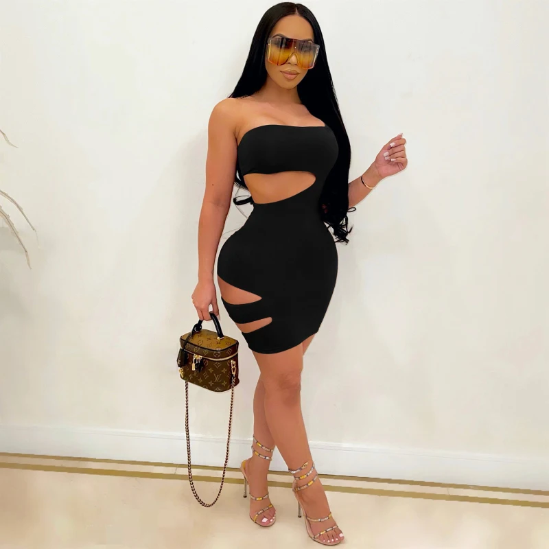 

New Sexy Solid Slash Neck Hollow-out Dress Sleeveless Burn-out Chest Wrapping Mini Dresses