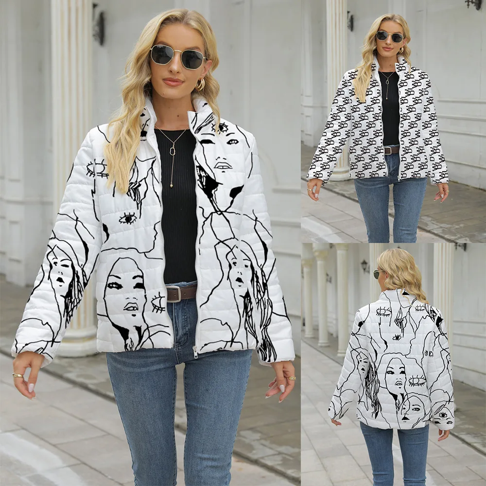 

Printed Women Padded Jacket Loose Thick Ladies Oversize Outwear Stand-up Collar High-quality Casual Parka Coat Winter Fashion